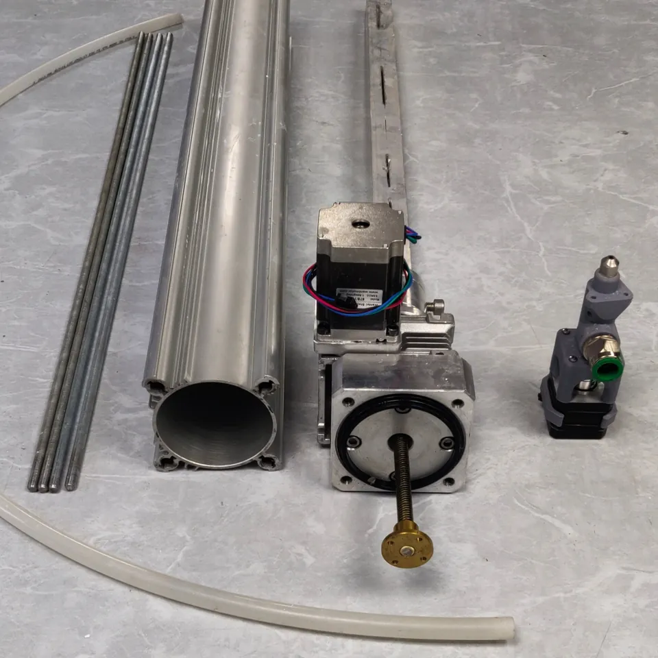 Extruder parts: aluminium tube, stepper motor, gearbox and nozzle