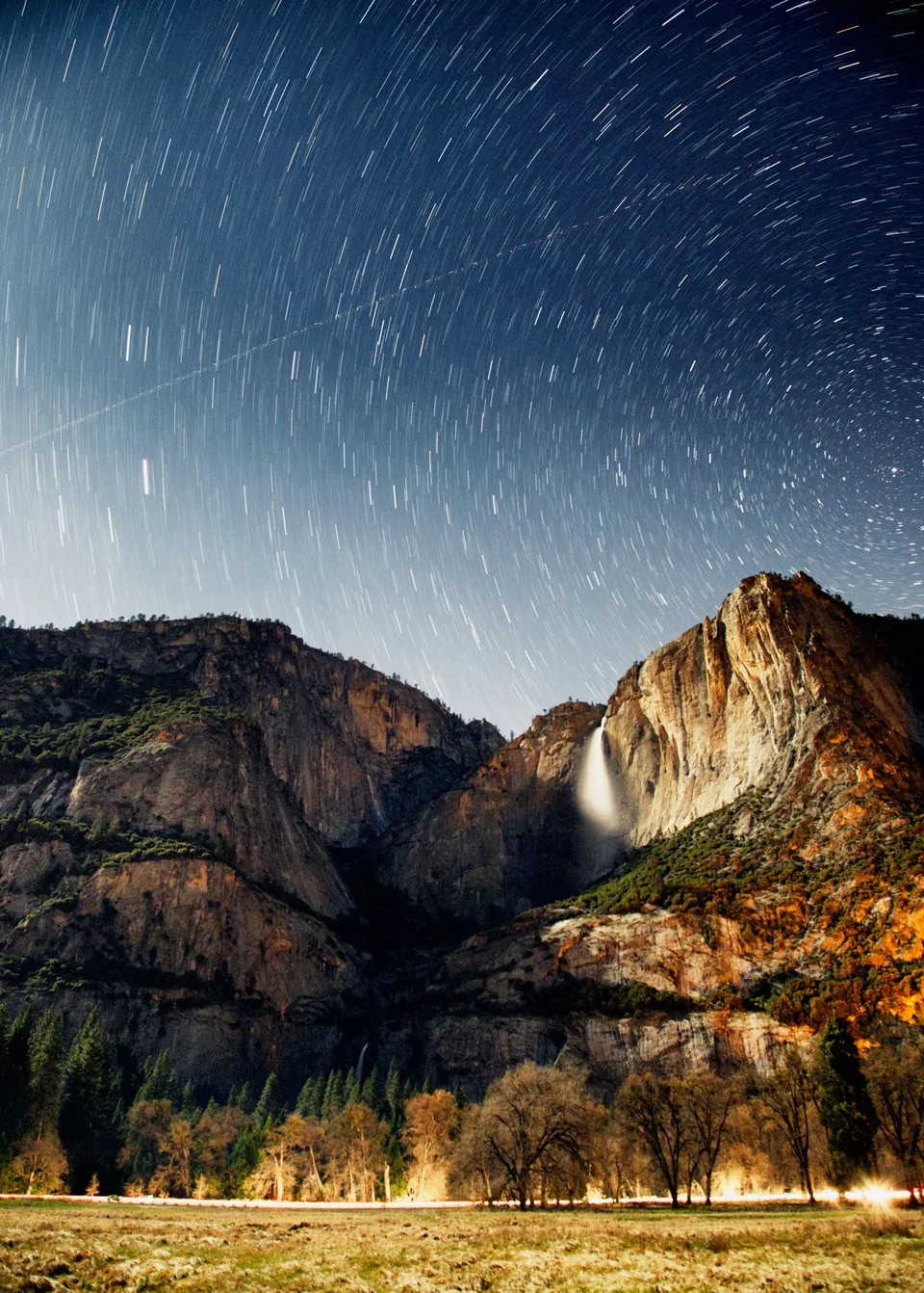 Star trails over Yosemite Falls